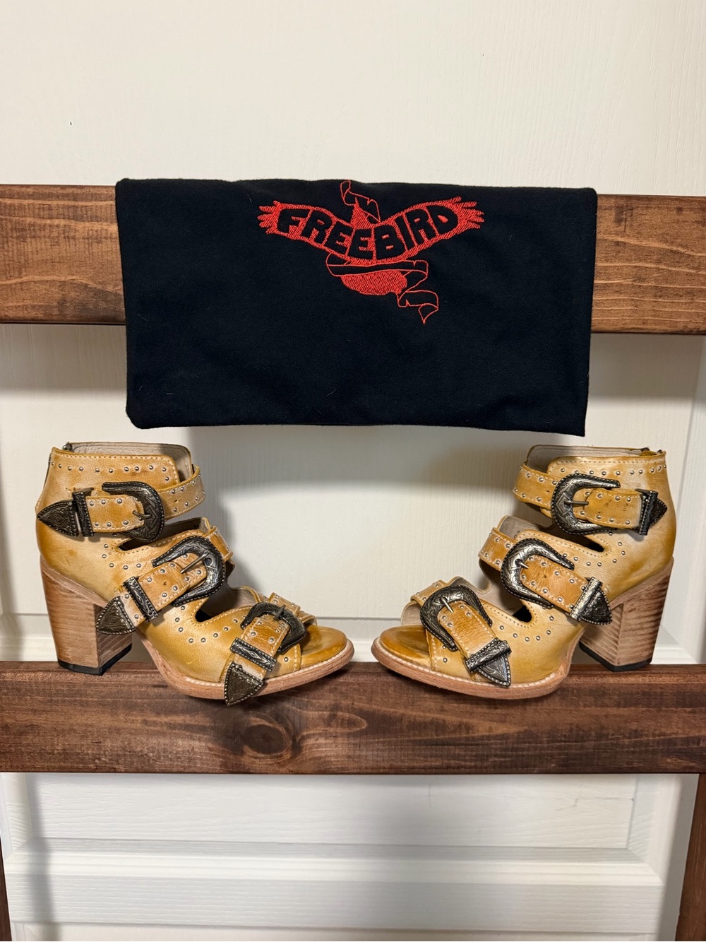 freebird Mustard Leather Buckle Cutout Heeled Booties
